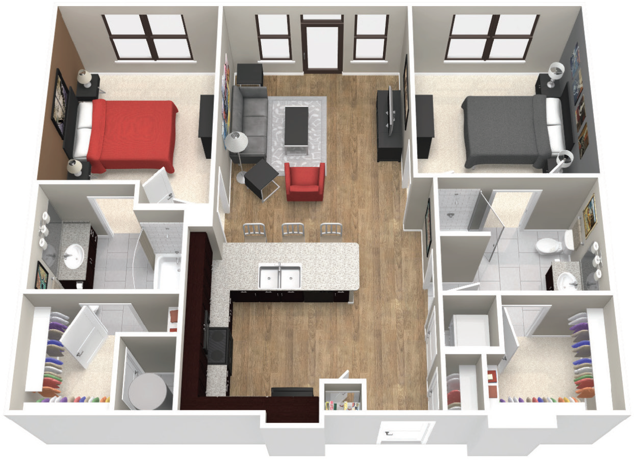 Floor plan for 2 beds, 2 baths, 1008 sqft